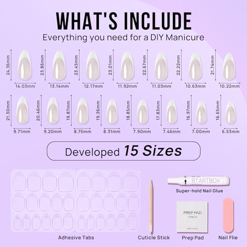 BTArtbox Press On Nails Almond - White French Tip Soft Gel Nails, Chrome Glue On Nails for Gifts, Natural Reusable Glazed Stick On Nails in 15 Sizes - 30 Fake Nails Kit, White Swan