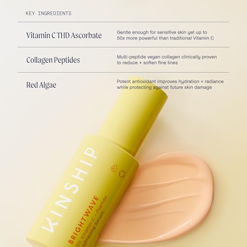 Kinship Brightwave Brightening 10% Vitamin C Serum for Face | Peptide Serum Dark Spot Corrector | Vegan Collagen Anti Aging Skincare | Smooth Fine Lines | Reduce Wrinkles (1 Fl Oz)