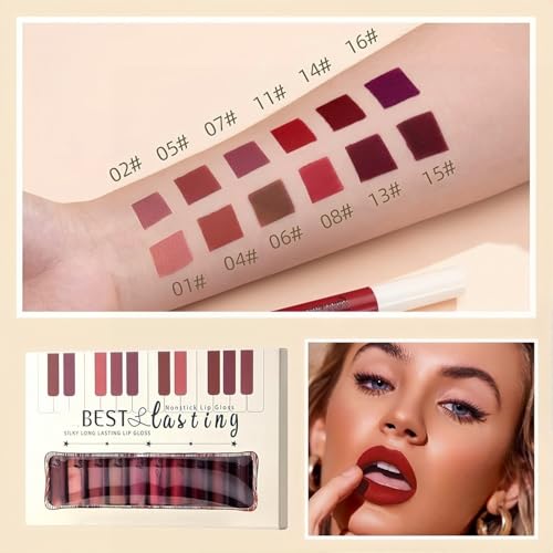 12PCS Matte Liquid Lipstick Set Non-Stick Cup and Not Fade Pigmented Lipstick Long-Lasting Waterproof Velvet Lipgloss Kit Makeup for Girls and Women (Set 01)