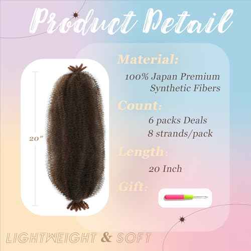 Spring Afro Twist Hair, 20 Inch Springy Marley Twist Braiding Hair Pre-Separated 6 Packs Spring Twist Afro Kinkys Bulk Hair for Soft Locs Crochet Hair Extensions for Black Women (T30, 20inch)