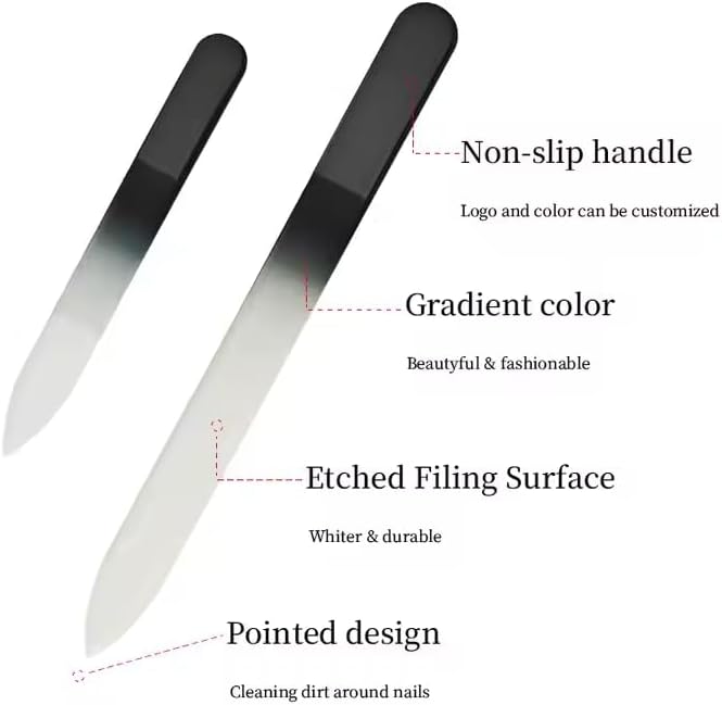 Glass Nail File Set - 3-Piece Crystal Files with Case | Includes Nail File, Cuticle Pusher & Buffer - Black Gradient
