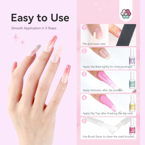 SAVILAND Dip Powder Liquid Set: 4 Pcs Nail Dip Liquid Set with HEMA-free Base Activator Top Coat and Brush Saver 15 ml/0.5 Fl.oz Dipping System Essentials No Curing Home Use DIY Salon Art