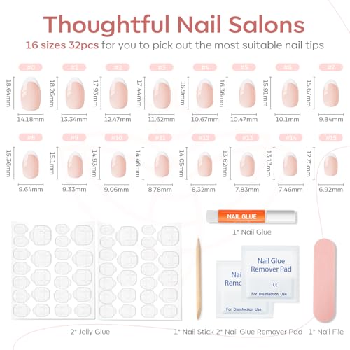 modelones French Tip Press On Nails, Short Oval Fake Nails Press Ons with Nail Glue, Adhesive Tabs, Nail File, Prep Pad, Manicure Stick, 32Pcs 16 Sizes, Nude, Christmas