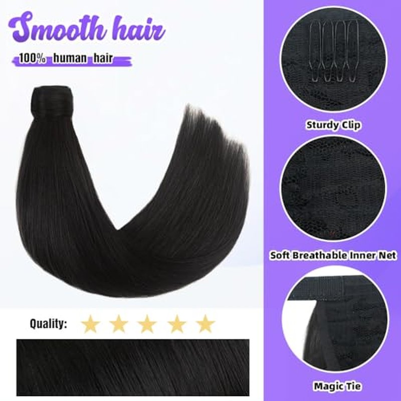 22 Inch Human Hair Ponytail 90g Long Wrap Around Ponytail Natural Black Real Hair Ponytail Extension for Women(22inch,Natural Black)