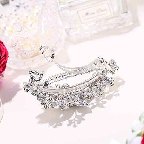 EVER FAITH Austrian Crystal Bridal Hibiscus Cream Simulated Pearl Hair Clip Barrette Blue Silver-Tone