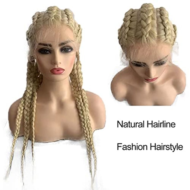 Blonde Braided Wig for Women Long 613 Blonde Box Braid Wigs with Baby Hair Natural Hairline Synthetic Lace Front Twist Braids Wig Frontal Braiding Glueless Heat Resistant Hair 24''