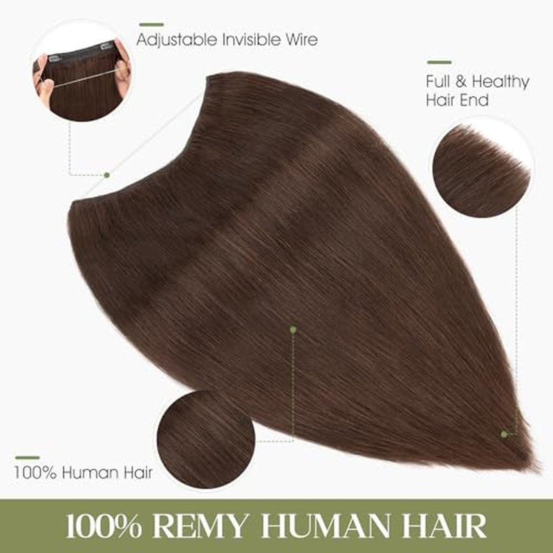 Halo Hair Extensions Real Human Hair Invisible Wire Extensions with Transparent Fish Line Adjustable Size Dark Brown 20 inch