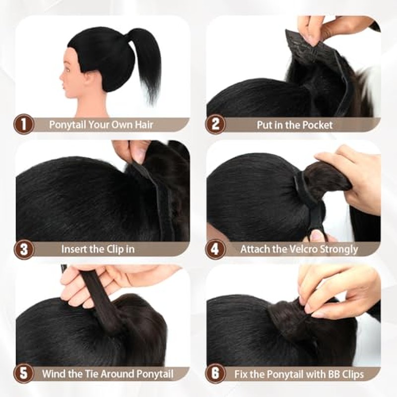 Ponytail Extension Human Hair 20 Inch Natural Black Silky Straight Clip in Pony Tails Hair Extensions Real Hair Wrap Around Ponytail Hair Piece for Girls(20 Inch Natural Black #1B 95G)