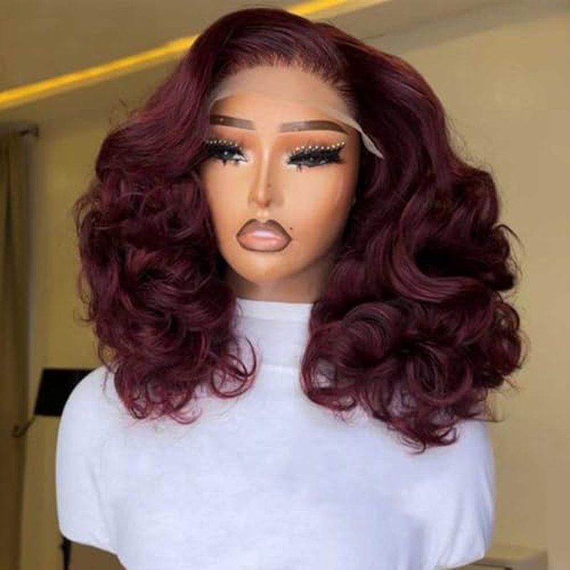 250% Full Density 99J Burgundy Lace Front Wigs Human Hair 13x4 Short Bob Wigs Human Hair Glueless Wear and Go Loose Deep Wave Wig Pre Plucked Pre Bleached Red Wig Human Hair (16inches)