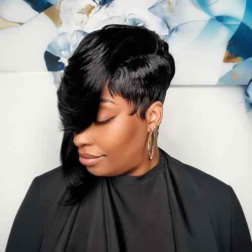 Chic Elegent Pixie Cut Human Hair Wigs for Women Short Layered Pixie Cut Straight Human Hair Wigs With Bangs Natural Black Color Glueless Brazilian Virgin Straight Human Hair Wig (1b)