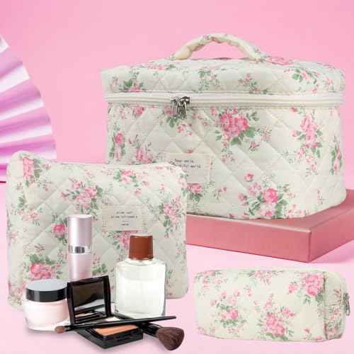 Cute Makeup Bag for Women(3 Pcs), Quilted Floral Coquette Aesthetic Make up Bags, Travel Cosmetic Bags Toiletry Organizer Bag(Pink Flower)