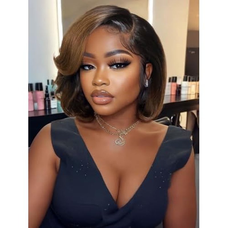 Beauty Forever Side Part Bob Wig Human Hair Ombre Chestnut Brown Glueless HD Lace Bob Drawstring Wig with Face Framing Bangs 150% Density 10 Inches Pre Cut Plucked Bye Bye Knots Ready to Go Short Wig