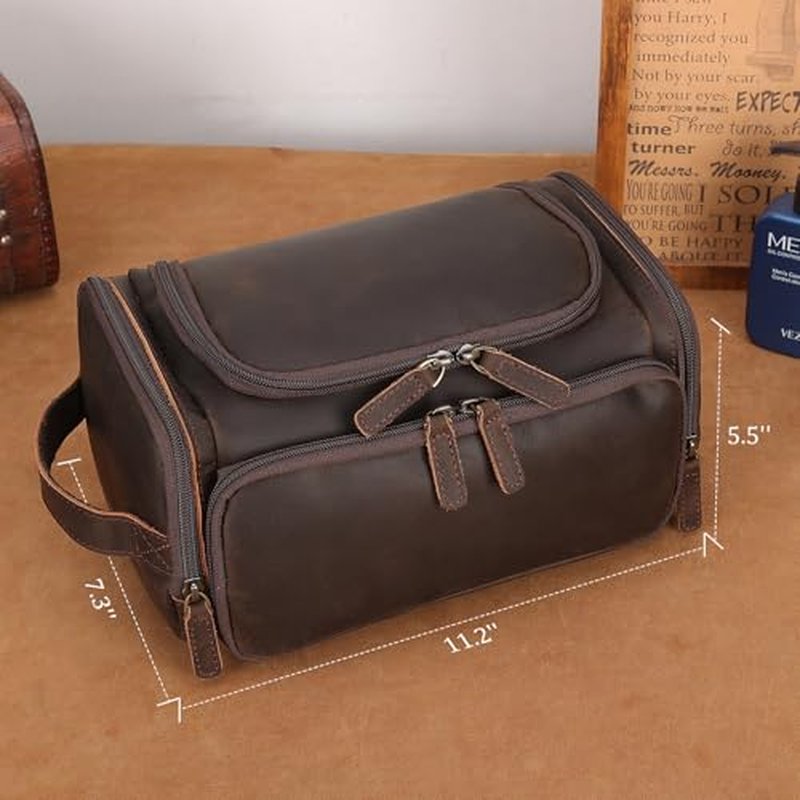 Polare Full Grain Leather Toiletry Case Bag Travel Dopp Kit Organizer Hanging Makeup Cosmetic Shaving Kit Wash Case for Men
