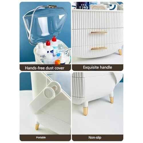 Makeup Storage Organizer for countertop£¬Cosmetics Display Case with 2-Layer Storage Box and Transparent Cover, Keep Bedroom Vanity Organizer Clea, Milky white