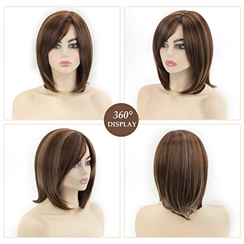 SEVENCOLORS Short Brown Mixed Blonde Bob Wigs for White Women Shoulder Length Synthetic Hair Wigs with Side Bangs Straight Blonde Highlights Women¡¯s Wig