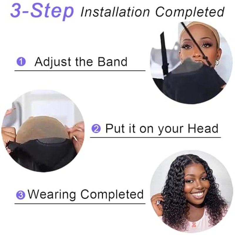 Glueless Wigs Human Hair Pre Plucked Pre Cut Deep Wave Bob Wig for Black Women 5x5 Lace Closure Wear and Go 180% Density Curly Wig with Baby Hair Natural Color 16 Inch
