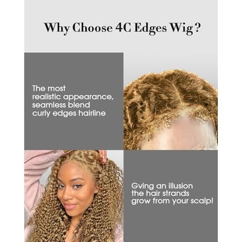 4C Edges HD Lace Front Wig Human Hair Honey Blonde Kinky Curly Wig, 13x4 Lace Frontal Kinkycurly Wigs with 4C Kinky Edges Hairline Pre-Plucked 180% Density 16 inch