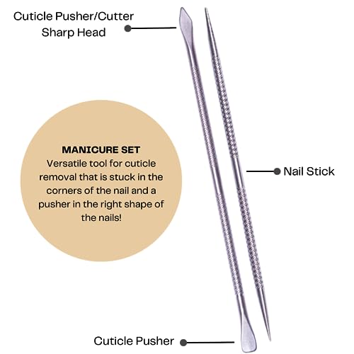 Mundial Nail Care 3 Piece Set - Professional Stainless Steel Cuticle Nippers with Double Nail Spatula and Pusher, Manicure, and Pedicure Trimmer Kit