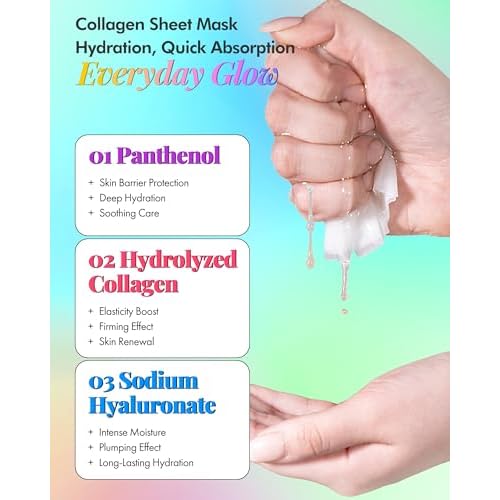 DERMAL 78 Combo Pack Collagen Essence Korean Face Mask - Hydrating & Soothing Facial Mask with Panthenol - Hypoallergenic Self Care Sheet Mask for All Skin Types - Natural Home Spa Treatment Masks