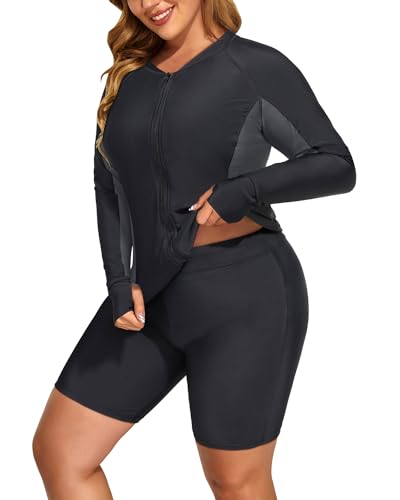 Daci Women Black 2 Piece Plus Size Long Sleeve Rash Guard Zip Front Athletic Bottom Tankini Swimsuits UPF 50 22 Plus