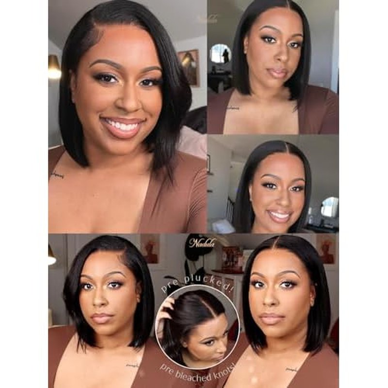 Nadula Bye Bye Knots Yaki Straight Bob Glueless Wig Pre Cut/Plucked/Bleached 7x5 Lace Front Wigs Human Hair Invisible Knots Pre Everything 3S Ready to Go Short Yaki Bob Wigs 150% Density 10inch