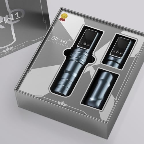 DKLAB New DK-W1 Pro Wireless Tattoo Gun Pen Kit Supply with Japanese Coreless Motor & 2 Pieces of 2400mAh Battery Power for Permanent Make Up Artists (Gray, 4.0mm Stroke)
