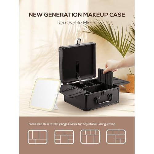 OMIRO Makeup Case, Makeup Bag with Light Up Mirror Set, Makeup Organizer Bag with Magnet Makeup Mirror for Women and Girls