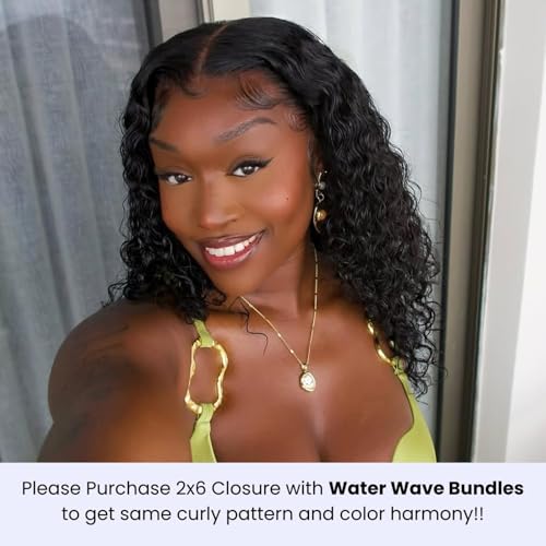 Water Wave Closure 20 Inch 2x6 HD Lace Closure Brazilian 12A Remy Human Hair Pre Plucked Transparent Lace Middle Part Wet and Wavy Closure with Baby Hair Natural Black Color Curly Extensions