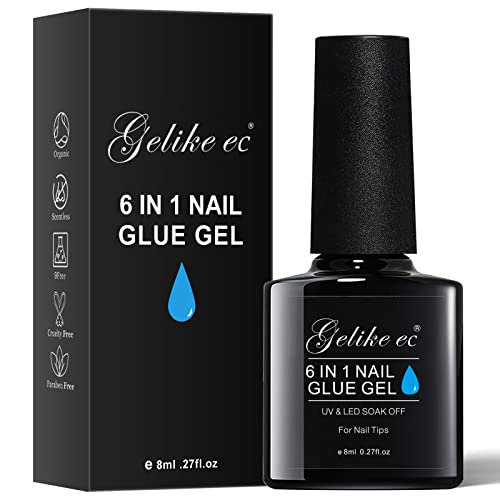 Gelike EC Gel Nail Glue for Press On Nails: 6 in 1 Strong UV Nail Glue for Nail Tips and Acrylic Fake Nail - Long Lasting 28 Days Quick Dry - Beginner Friendly DIY for Home Salon