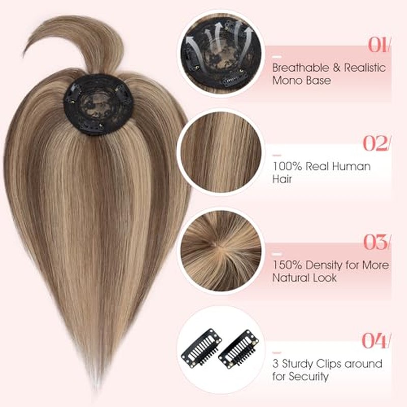 Hairro Mono Hair Toppers with Bangs, 3.4" x 3.4" Mono Base 100% Real Human Hairpieces for Women, 150% Density Clips In Topper for Greyish Thinning Hair, 16 Inch Medium Brown Mix Dark Blonde