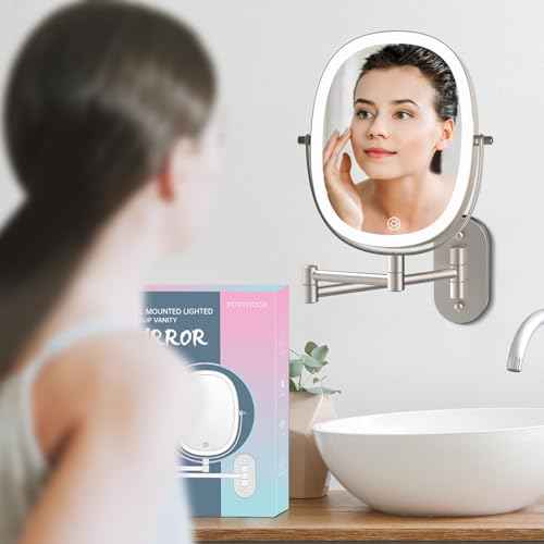Lighted Wall Mounted Makeup Mirror, Double Sided 1X/7X Magnifying Mirror, 3 Color Lighting Option Dimmable, 360 Rotation Extension Foldable Arm, Oval Frame Rechargeable Vanity Mirror with Lights