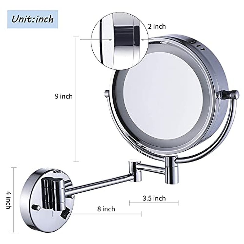 Hardwire LED Lighted Wall Magnifying Mirror for Bathroom with 10x Magnification Sliver,9 Inch Round Surface 13" Extendable Arm Polish Chrome