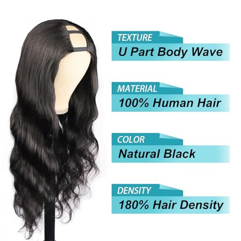 EMOL U Part Human Hair Wig Body Wave 22 Inches Upart Wig for Black Women Long Wavy Brazilian Remy Human Hair Glueless Wigs Natural Black Breathable No Sew In Beginner Friendly