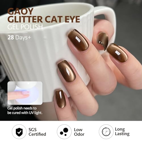 GAOY Jelly Brown Cat Eye Gel Nail Polish Set with Magnet for Glitter Holographic Cat Eye, Salon UV Gel Manicure and Nail Art DIY at Home, Sparkling Amber