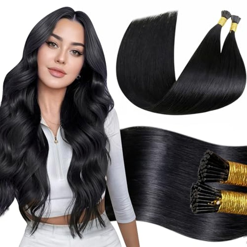 LaaVoo I Tip Hair Extensions Human Hair Jet Black Itips Hair Extensions Human Hair 28in Long Straight I Tips Hair Extensions Real Human Hair Pre Bonded Cold Fusion 50g 50s/pack