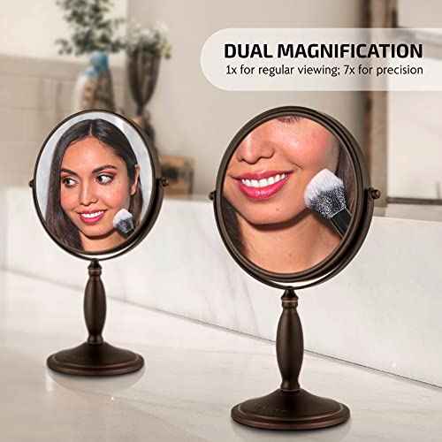OVENTE 8'' Tabletop Makeup Mirror with 1X/7X Magnification, 360¡Æ Swivel Design and Double-Sided Free-Standing Vanity Mirror Perfect for Dresser, Bedroom and Office Desk, Antique Bronze MNLAT80ABZ1X7X