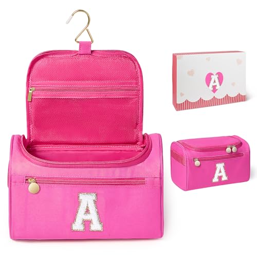 COSHAYSOO Initial Girls Hanging Toiletry Bag Tween Preteen Teenager Christmas Birthday Gifts Basket Stuffers for Teen Girl 10-12 12-14 16-18 Travel Trip Favors College Dorm Essentials Pink Letter A