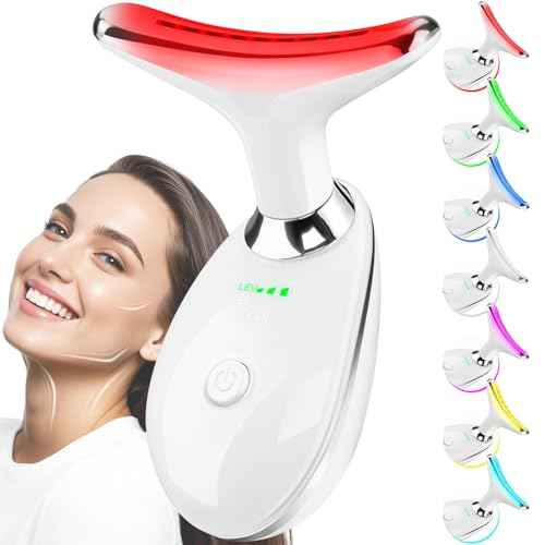 Face and Neck Massager Tool, 7 Colors LED Light Therapy Wand for Wrinkles, Double Chin, Portable Facial Massager with Vibrating and Thermals for Skin Care, Glossy White