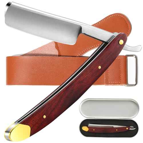Straight Razors for Men Vintage Straight Razor with Wooden Handle and Steel Straight Razor Blade - Professional Straight Edge Barber Razor Set with Iron Box and Leather Strop