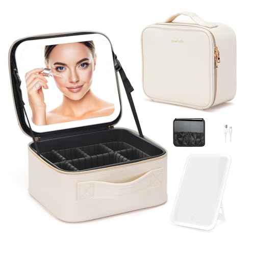 Travel Makeup Bag with LED Mirror ? Waterproof Cosmetic Train Case with Adjustable Dividers, Portable Makeup Organizer and Toiletry Bag for Women, Pink Teens & Girls Gift