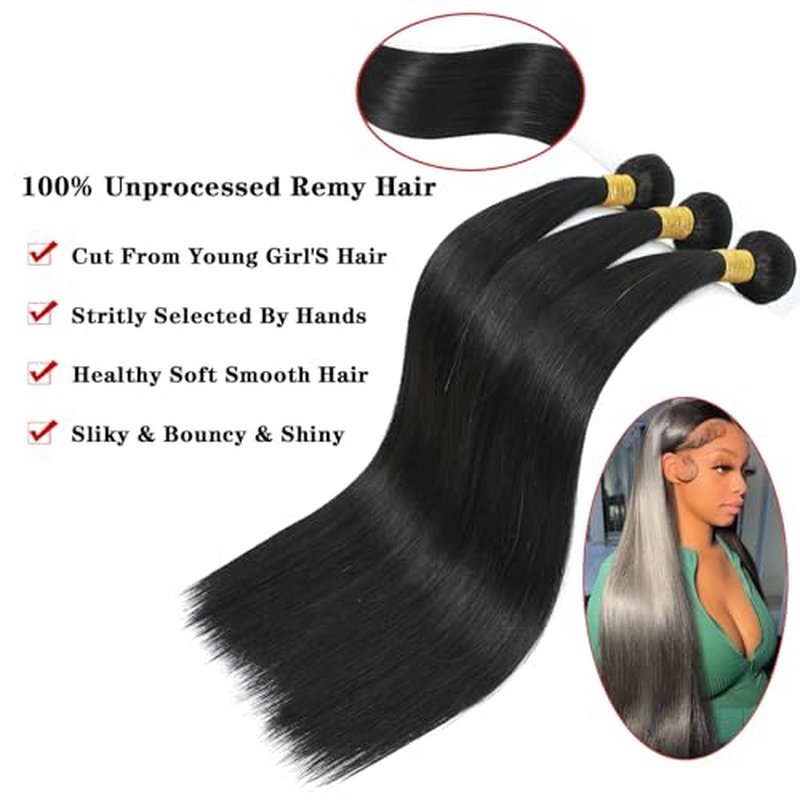 Straight Bundles Human Hair 34 inch 100% Unprocessed Brazilian Straight Hair Bundles 12A Remy Virgin Retain the Intact Cuticle, Long Lifespan