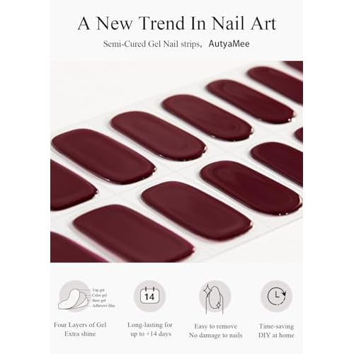 Semi Cured Gel Nail Strips (Burgundy Red), 20 Pcs Gel Nail Wraps, Stickers, UV Light Required, Salon Quality, Long Lasting