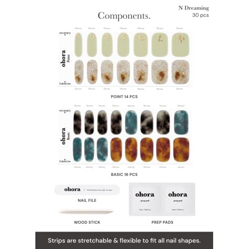 ohora Semi Cured Gel Nail Strips (N Dreaming) - Dark, Patterned, Works with Any UV/LED Lamps, Salon-Quality, Long Lasting, Easy to Apply & Remove - Includes 2 Prep Pads, Nail File & Wooden Stick
