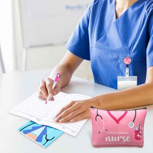 Yeaqee 48 Pcs Nurse Christmas Appreciation Gifts Set Bulk Include Makeup Cosmetic Bag Pocket Journal Notebooks Ballpoint Pen Badge Reel for Christmas Women Rn Assistant Student(Multicolor,Stethoscope)