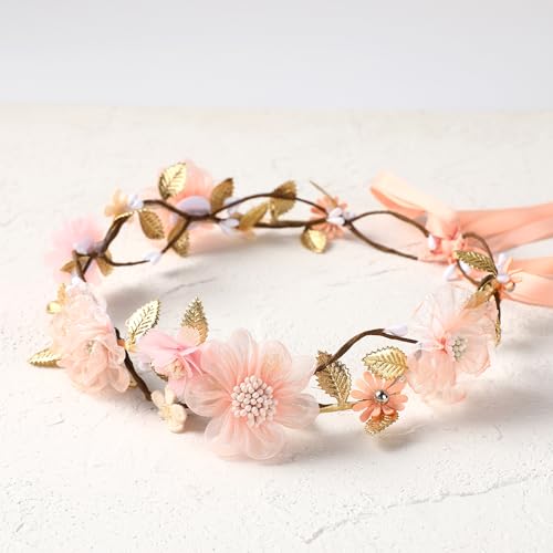 Pink Flower Crown Headband - Floral Headband for Women Floral Girl Headpiece Fairy Flower Renaissance Hair Accessory for Girls Women Birthday Wedding Party Photo Props