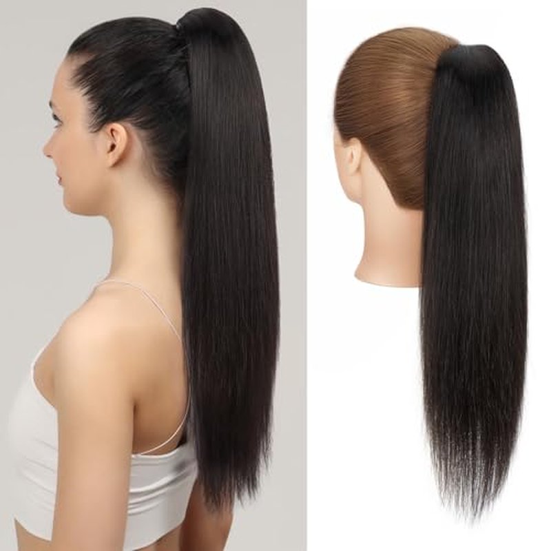 Ponytail Extension, 18 Inch Claw Clip Ponytail Extension Human Hair Long Straight Jaw Clip in Real Hair Pony Tails Hairpieces for Women Natural Black
