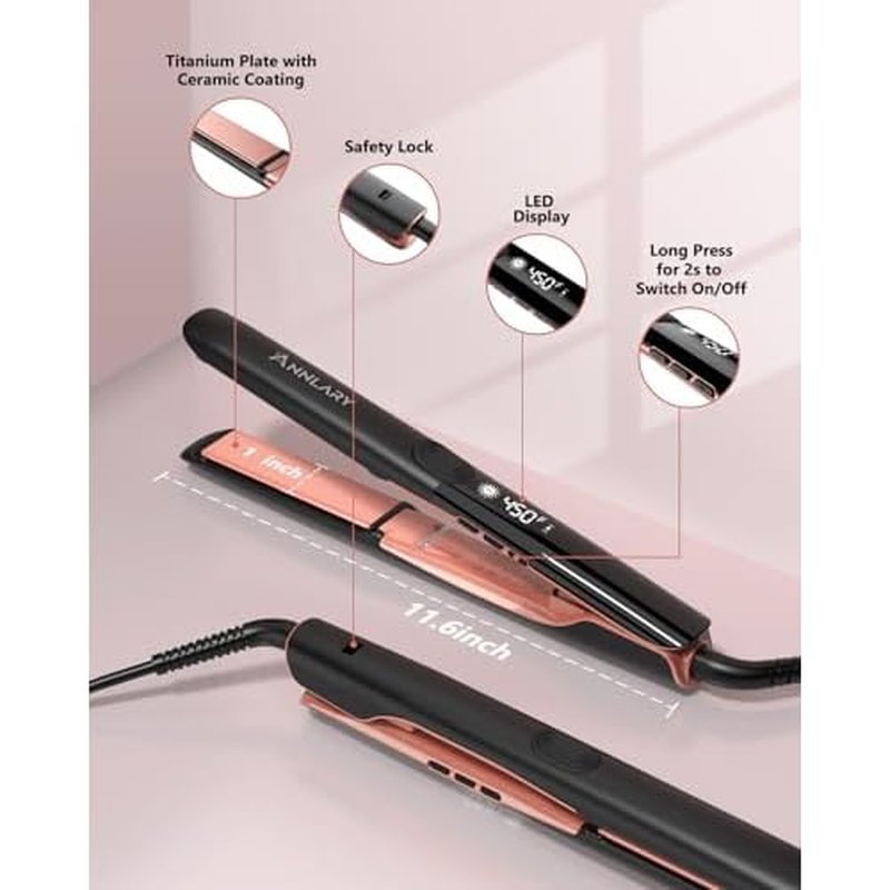Hair Straightener 1 Inch Flat Iron and Curler 2 in 1 Titanium Ceramic Ionic Dual Voltage Straightener with Heat-Resistant Silicone, for Less Frizz, Shinier & Smoother