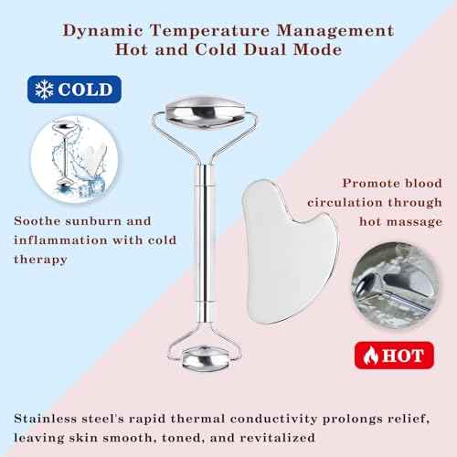 Stainless Steel Gua Sha and Face Roller Set Facial Massager Tools, Lymphatic Drainage Massager Metal Gua Sha Skin Self Care Gifts for Women, Face Sculpting Guasha for Body Eyes with Pouch