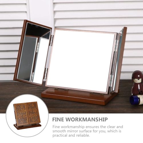 1pc Wood Dressing Table Mirror Wooden Three Mirrors Indoor Desktop Make up Vanity Carved Vanity Makeup Standing Desk Makeup