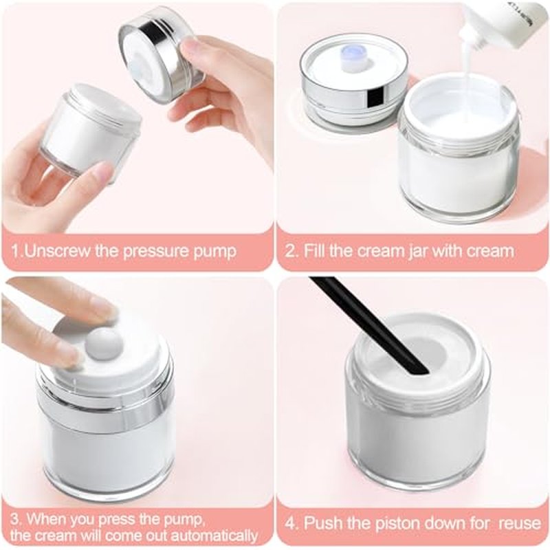 Airless Pump Jars, Refillable Cosmetic Moisturizer Airless Pump Jar 3 Pack Bottles Travel Size for Cream, Gels and Lotion with Silicone Spatula 0.5oz 1oz 1.7oz